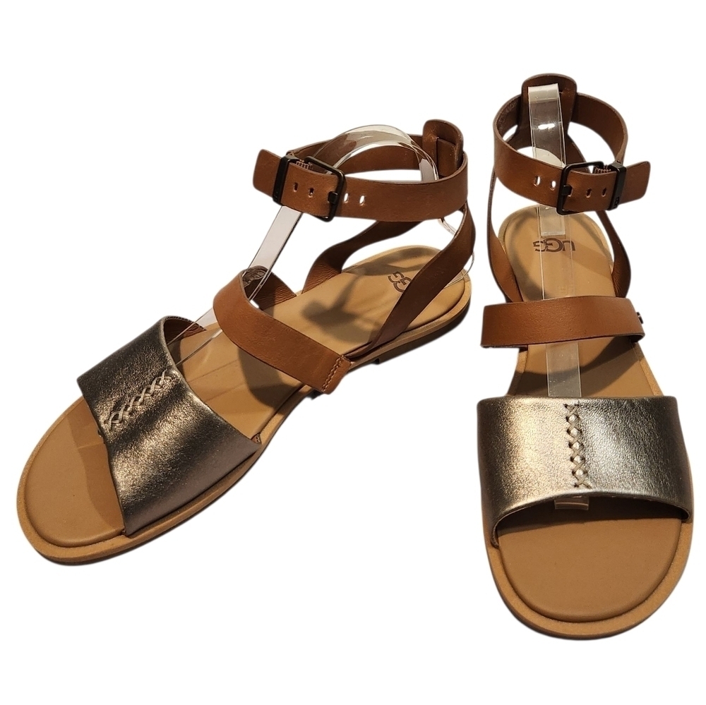 EUC UGG ZAHARA LEATHER DURABLE OUTER SOLE WOMEN'S SANDALS CHESTNUT METALLIC SZ 9 - Picture 3 of 14
